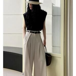 Pixie Market Black Top and Cream Trousers